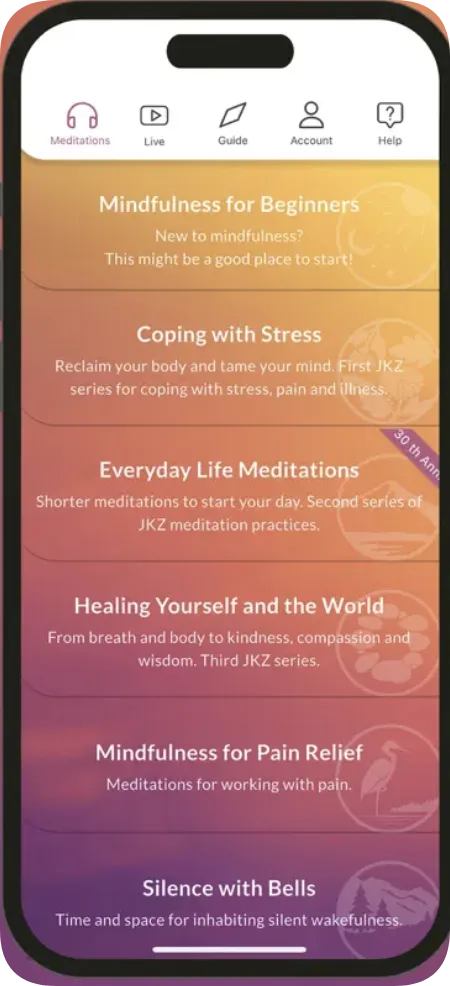 JKZ Meditations app — practice list