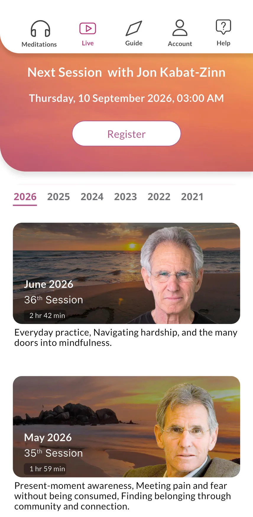 Live Sessions screen in the JKZ Meditations app